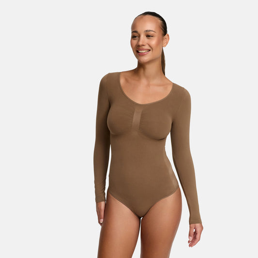 Body contenitivo modellante a maniche lunghe con perizoma